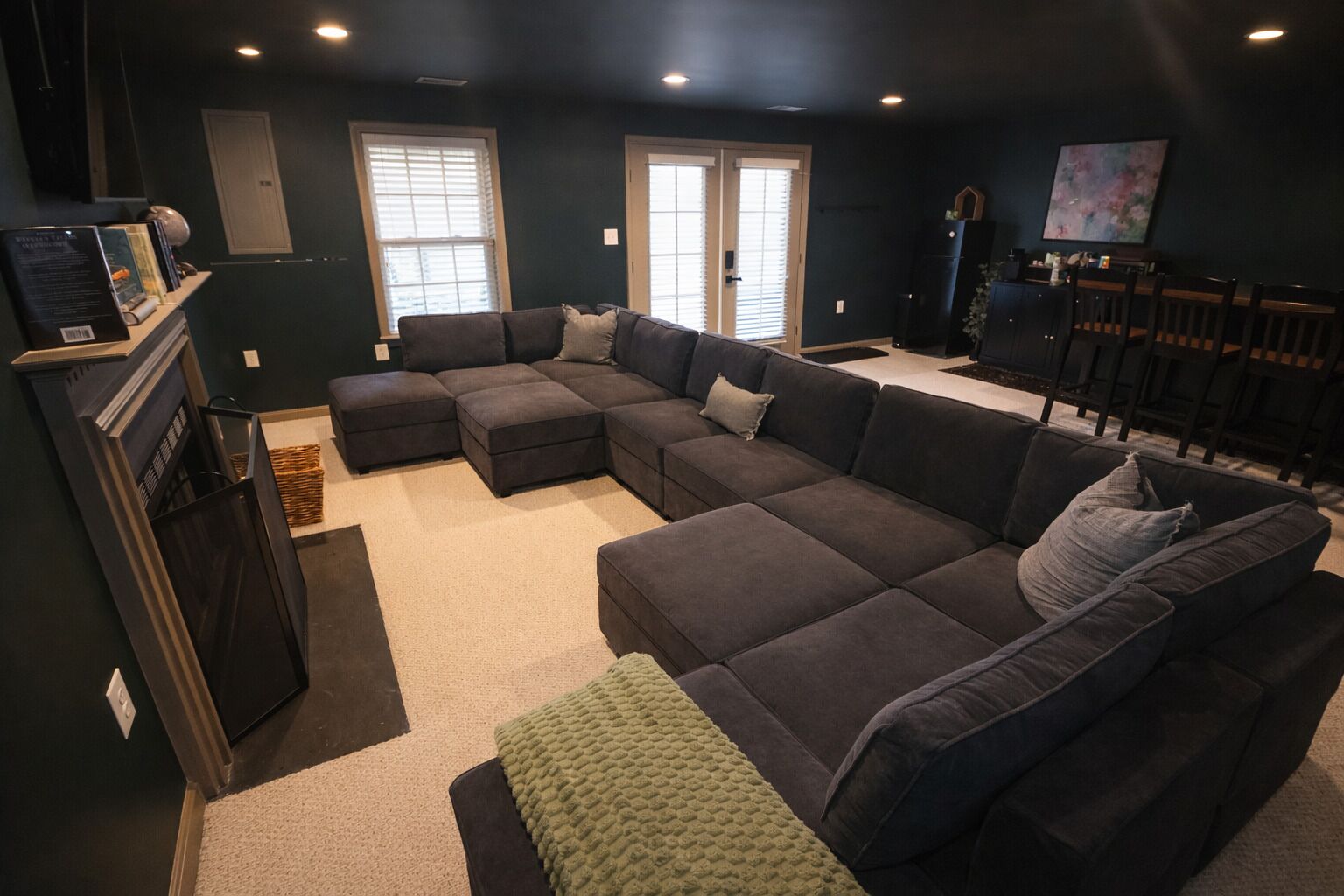 Smart TV, fireplace, books