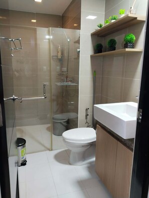 Regadera, secadora de cabello, bidet, toallas 
