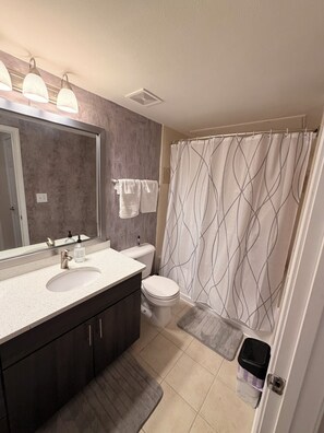 Hair dryer, towels, soap, toilet paper