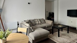 Un salon moderne avec un canapé, une table basse, un téléviseur et un radiateur.