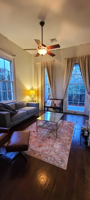 A living room with a ceiling fan, a sofa, a coffee table, and a rug. - Lower Garden District Charmer with private balcony! (New Orleans)
