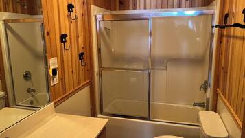 Hair dryer, towels, soap, toilet paper
