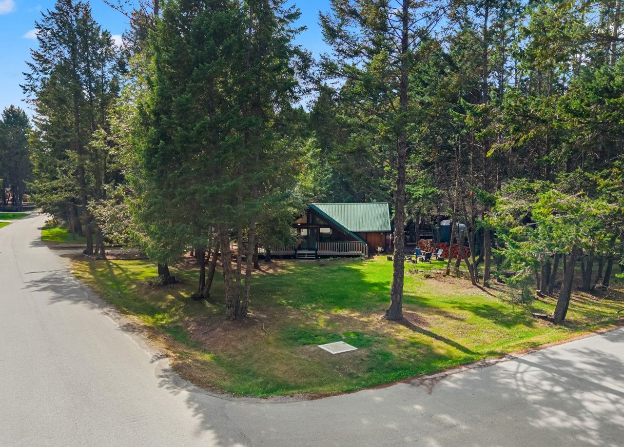 A lodge with a green roof, surrounded by tall trees and a paved driveway.