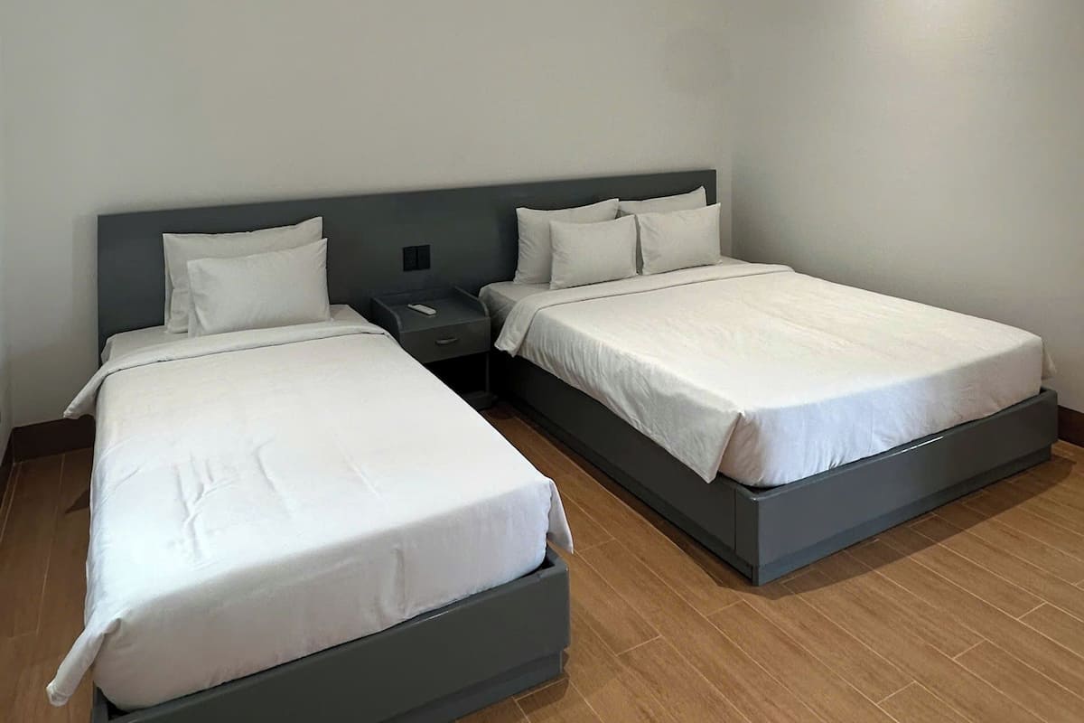 Desk, laptop workspace, blackout curtains, free WiFi