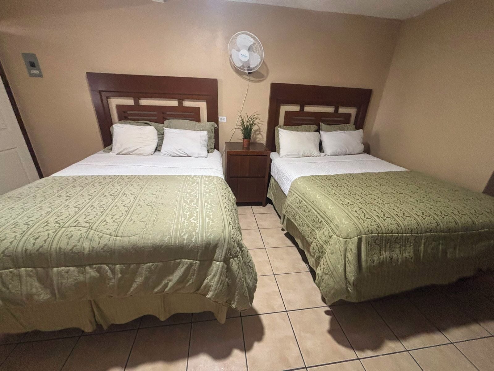 Une chambre d’hôtel avec deux lits, une table de chevet, un ventilateur mural et une plante en pot.