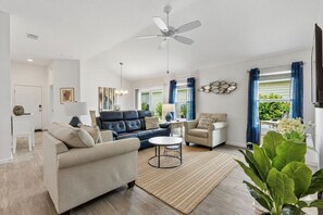 Smart TV, fireplace, video games, foosball