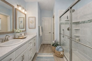 Shower, hair dryer, towels, soap