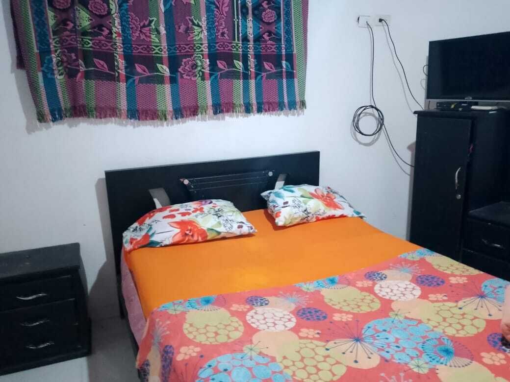 A bedroom with a bed, a nightstand, a TV, and a wardrobe.