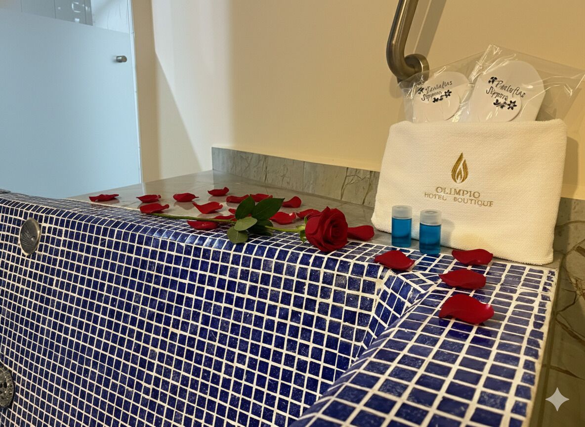 Une salle de bain avec un sol carrelé de bleu et de blanc, un porte-serviettes avec une serviette blanche et un bouquet de roses rouges.