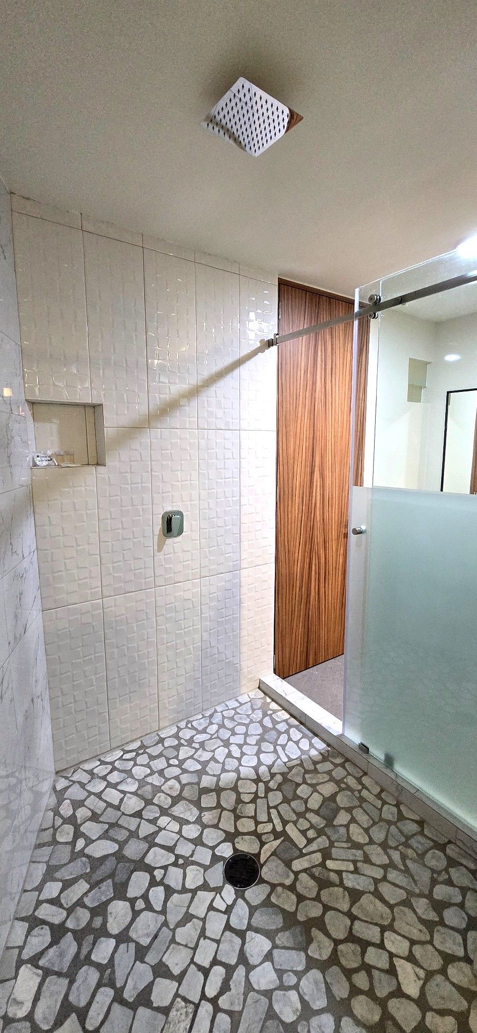 A shower area with tiled walls, a stone-patterned floor, a wooden door, and a glass partition.