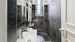 Een moderne badkamer met een douchecabine van glas, een wit wastafeltje en een toilet.