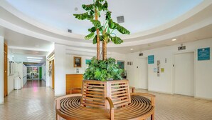 A lobby with a wooden bench and a central planter with tropical plants. - In this cozy condominium located in Waikiki (Honolulu)