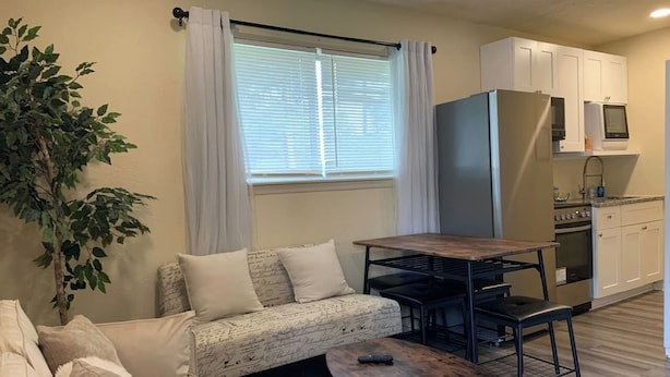 En kompakt opholdsstue med sofa, lille bord, en potteplante, tekøkken og et vindue med persienner.
