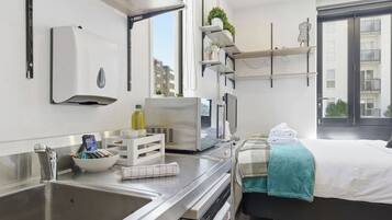 Fridge, microwave, dishwasher, coffee/tea maker