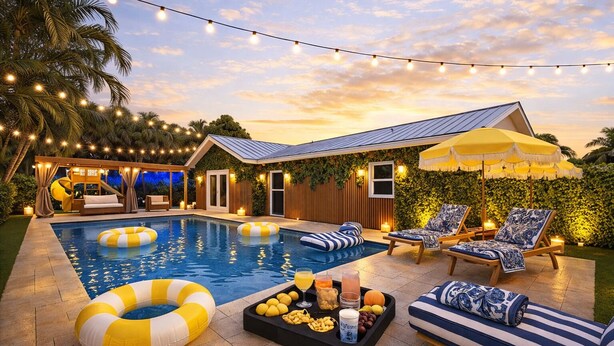 A pool area with lounge chairs, a table with snacks, and string lights.