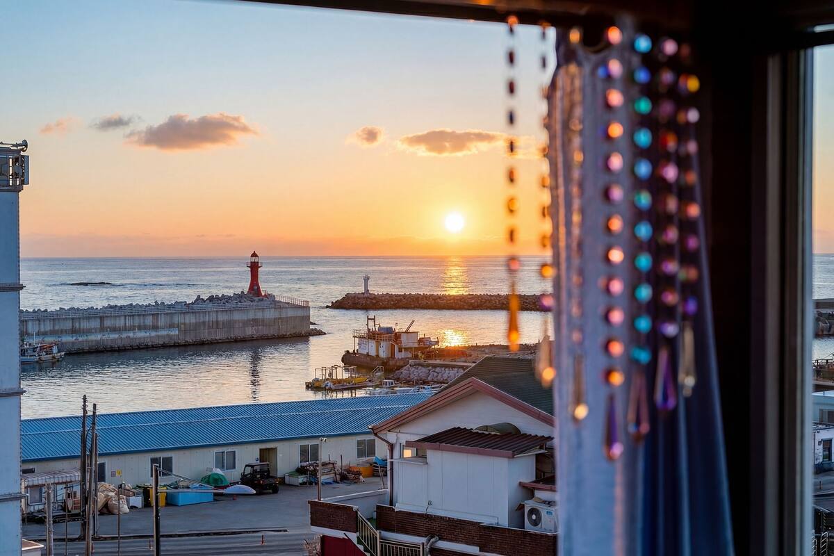 Une vue sur la côte, avec un phare, une jetée et un bâtiment doté d’un toit bleu.