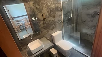 Shower, towels, toilet paper