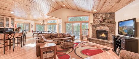 Smart TV, fireplace, books