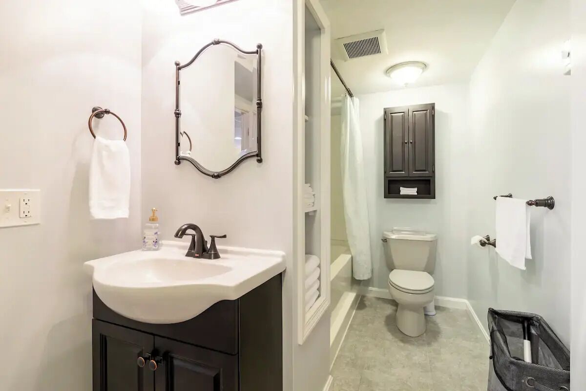 Hair dryer, towels, soap, toilet paper