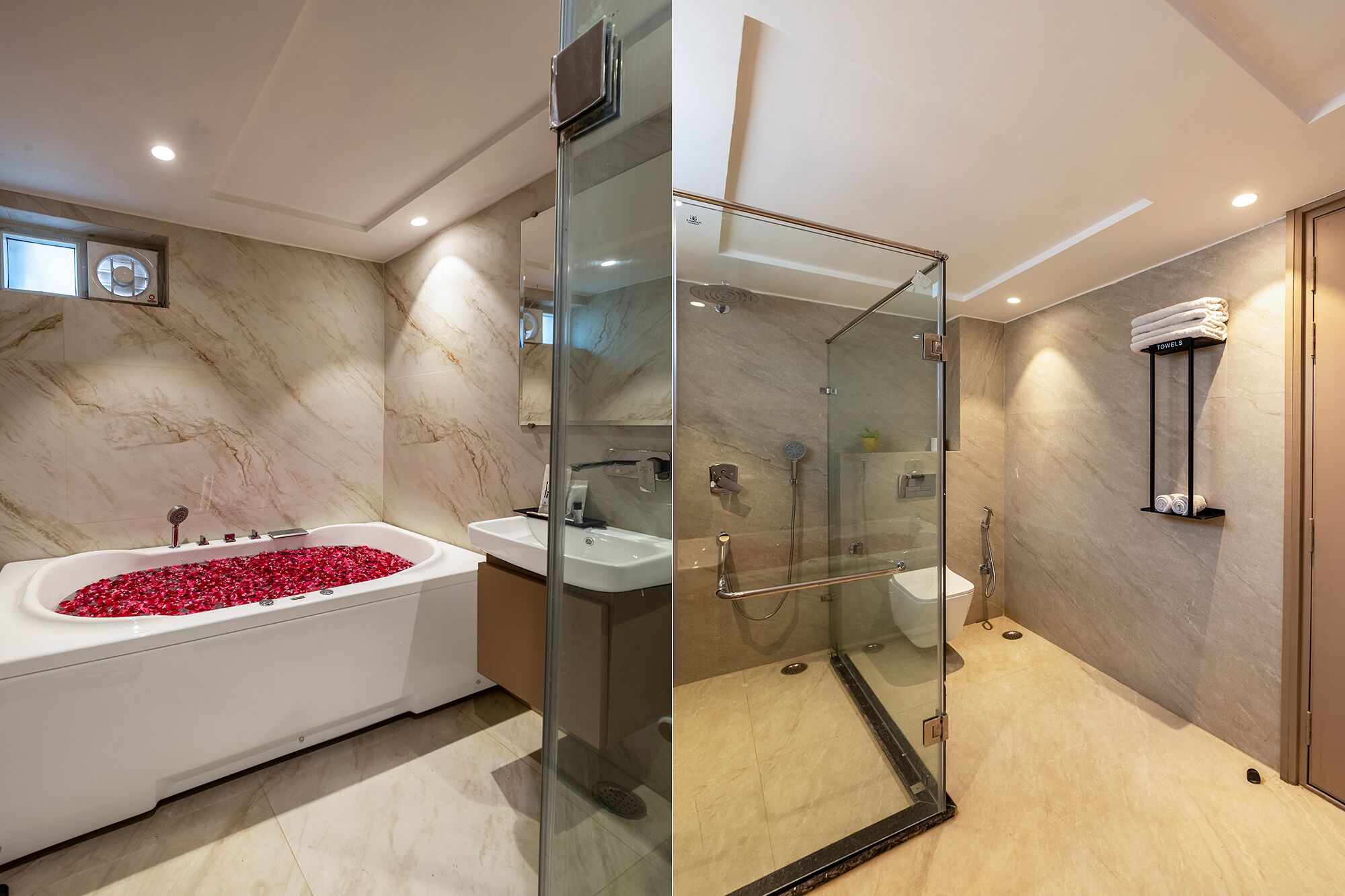 Shower, rainfall showerhead, free toiletries, towels