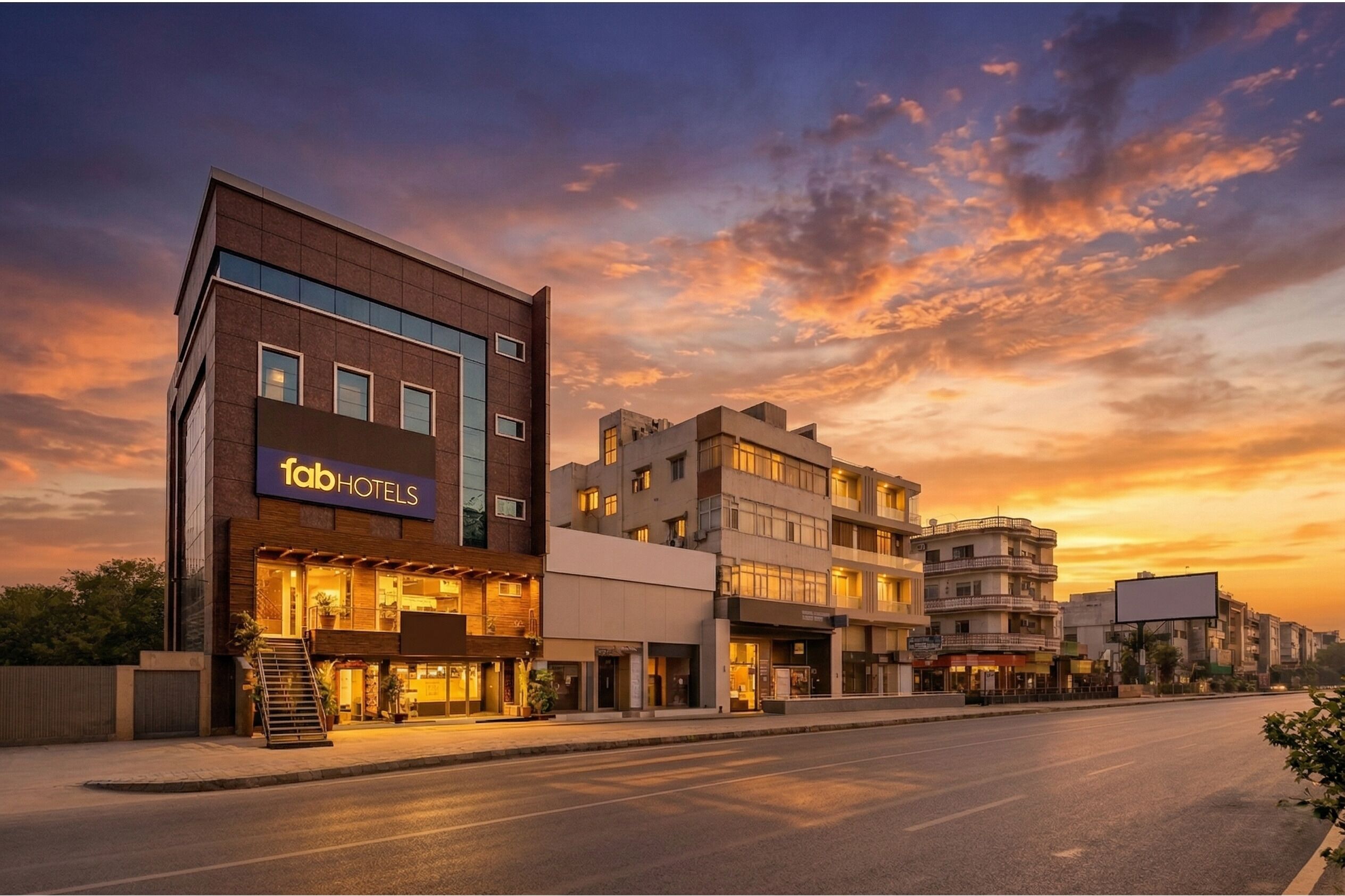 A multi-story hotel with a modern facade, a prominent sign, and a clear sky.