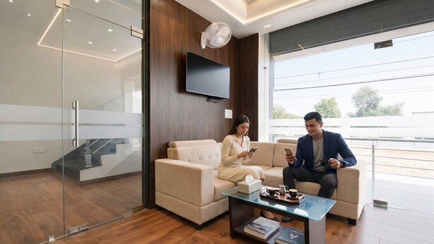 Um interior moderno com parede de vidro, televisão de tela plana, sofá e mesa de centro com livros.