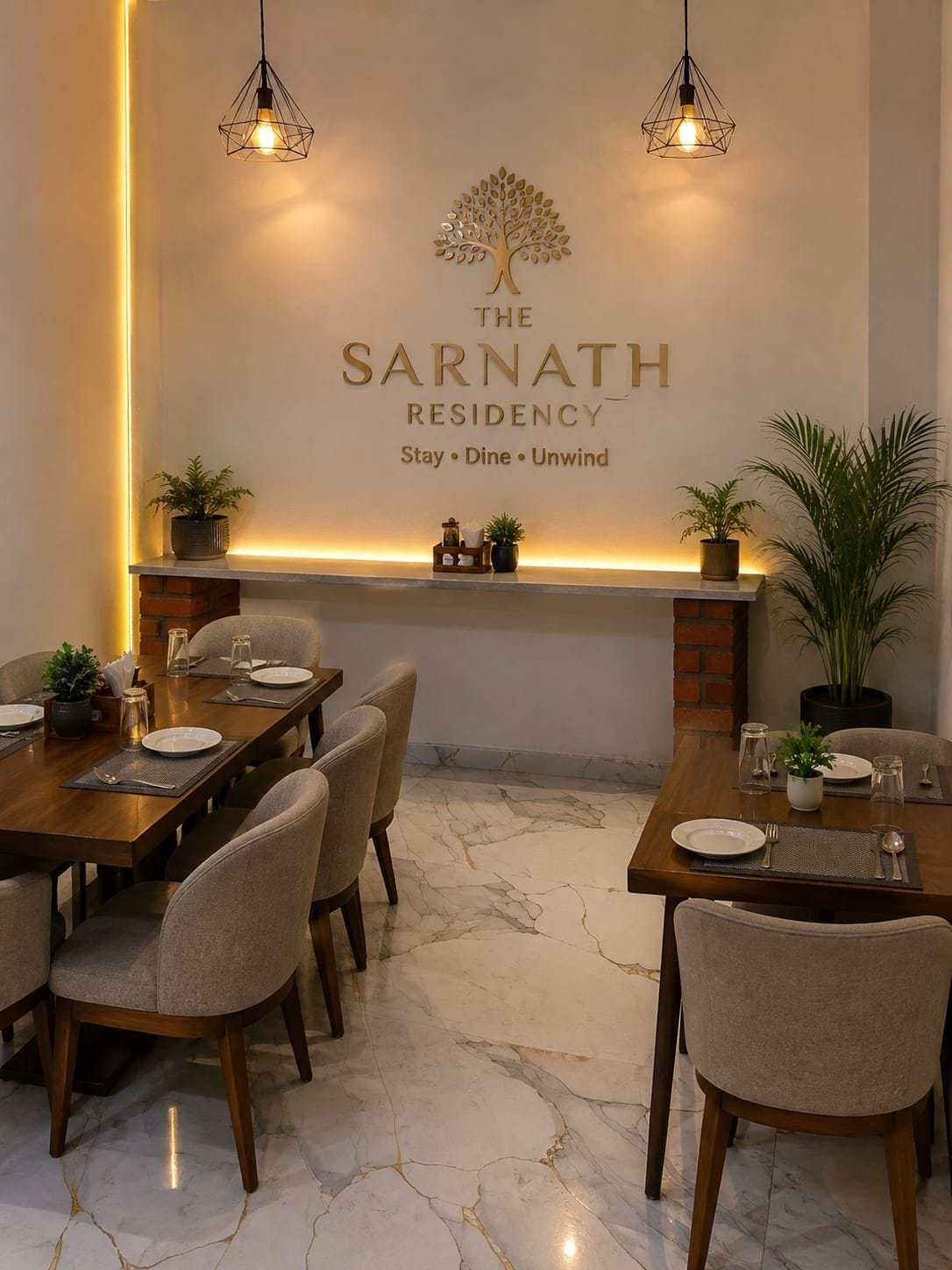 Un comedor con piso de mármol, dos mesas dispuestas para cuatro personas, y un letrero en la pared que dice 'The Sarnath Residency Stay · Dine · Unwind'.
