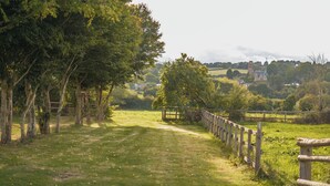 Un sentier rural bordé d’une clôture en bois, d’arbres, et offrant une vue lointaine sur des maisons et une église.