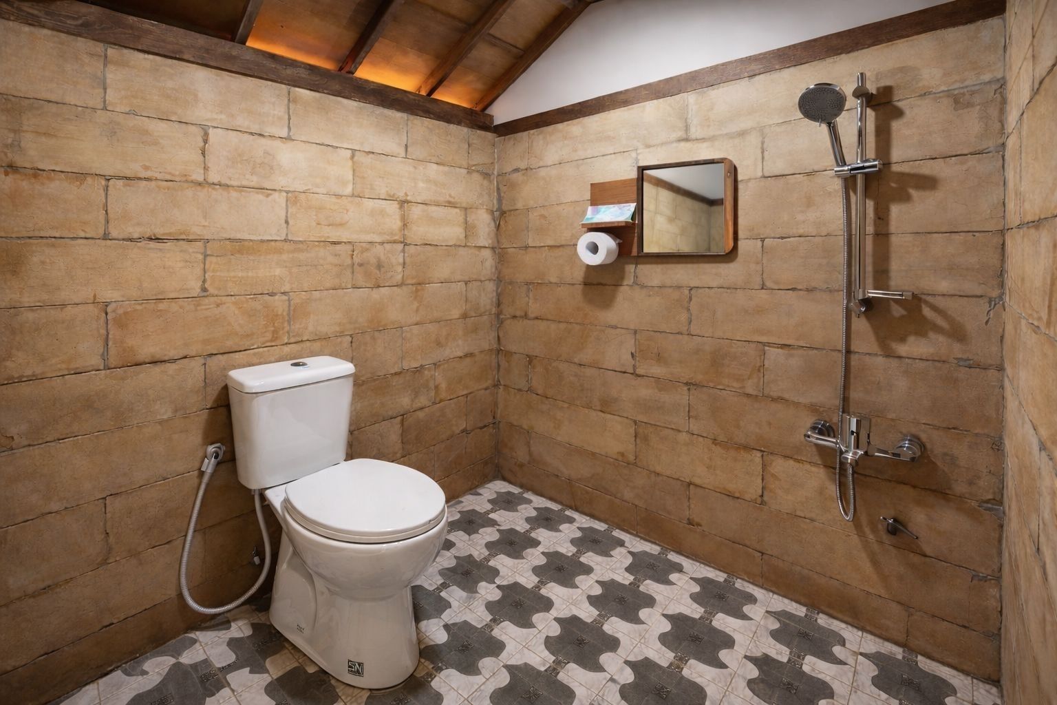 Shower, free toiletries, towels, soap