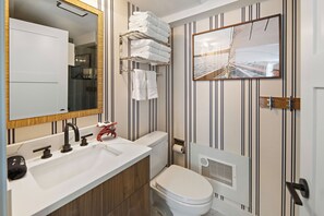 Shower, hair dryer, towels, toilet paper