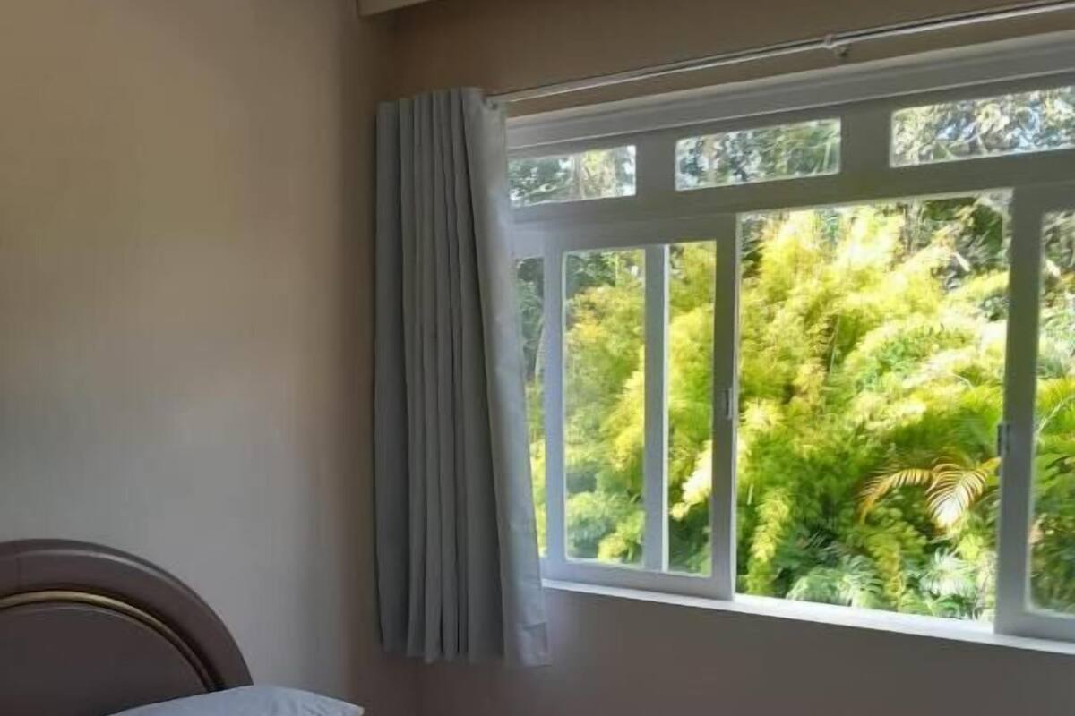 Quarto com cama, janela com cortinas e vista para o verde lá fora.