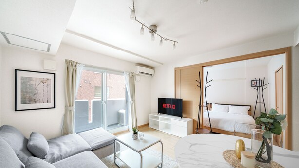 A modern living room with a sofa, coffee table, and a TV. - E-US NAEBO STATION 207 (Sapporo)