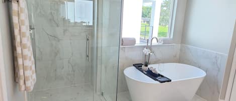 Hair dryer, bidet, towels, soap