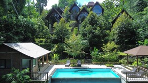 Ein Swimmingpool, umgeben von üppiger Vegetation und ein Haus mit Schrägdach.