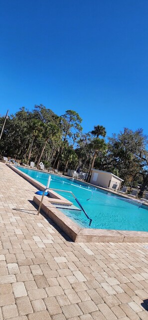 A swimming pool with a tiled deck, surrounded by palm trees and a clear blue sky.