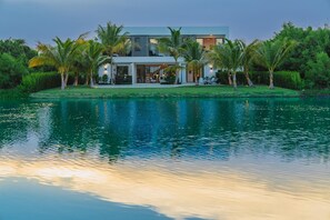 Uma casa moderna com piscina, rodeada por palmeiras e vegetação.