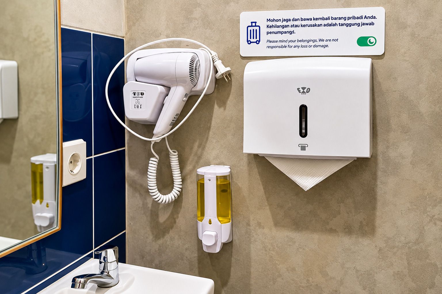 A hotel bathroom with a hairdryer, a hand sanitizer dispenser, and a soap dispenser on the wall.