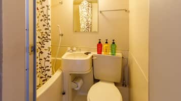 Hair dryer, towels, shampoo, toilet paper