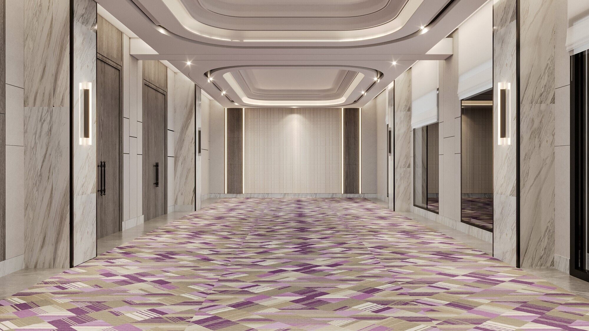 Un ingresso moderno con pareti in marmo, un tappeto decorato e illuminazione a incasso.