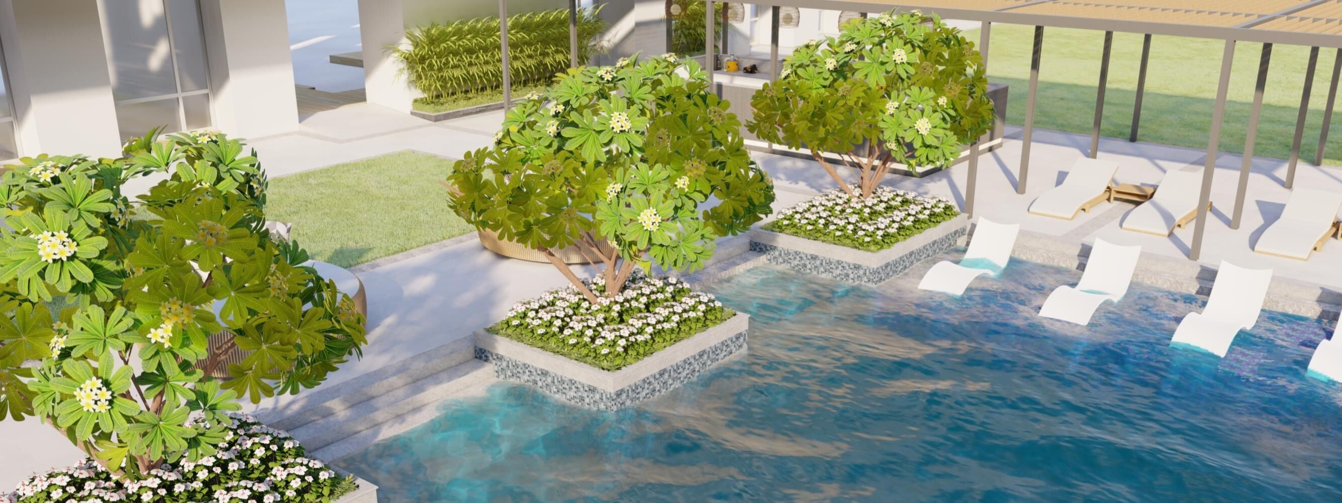 A pool area with multiple seating areas and lush greenery.