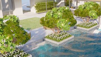 A pool area with multiple seating areas and lush greenery.
