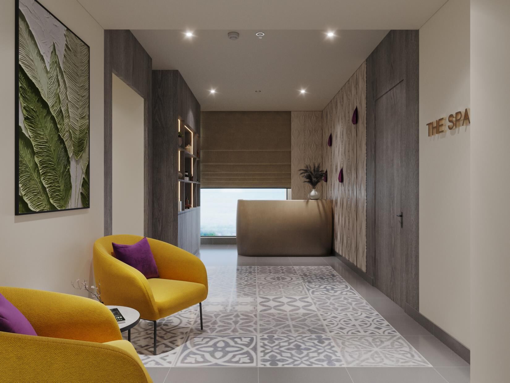 A modern reception area with a reception desk, a yellow armchair, and a large leaf-patterned artwork on the wall.