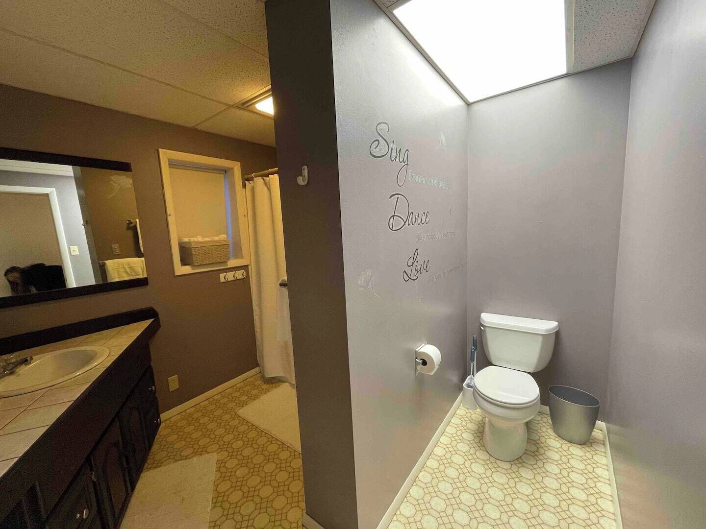 A bathroom with a toilet, a sink, and a mirror.