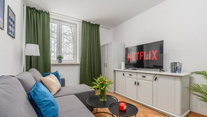 A modern living room with a grey sofa, green curtains, a TV displaying 'NETFLIX', a small table with a vase of flowers, and a cabinet. - Lumina cozy 3-room apartment in Warsaw (Warszawa BIG)