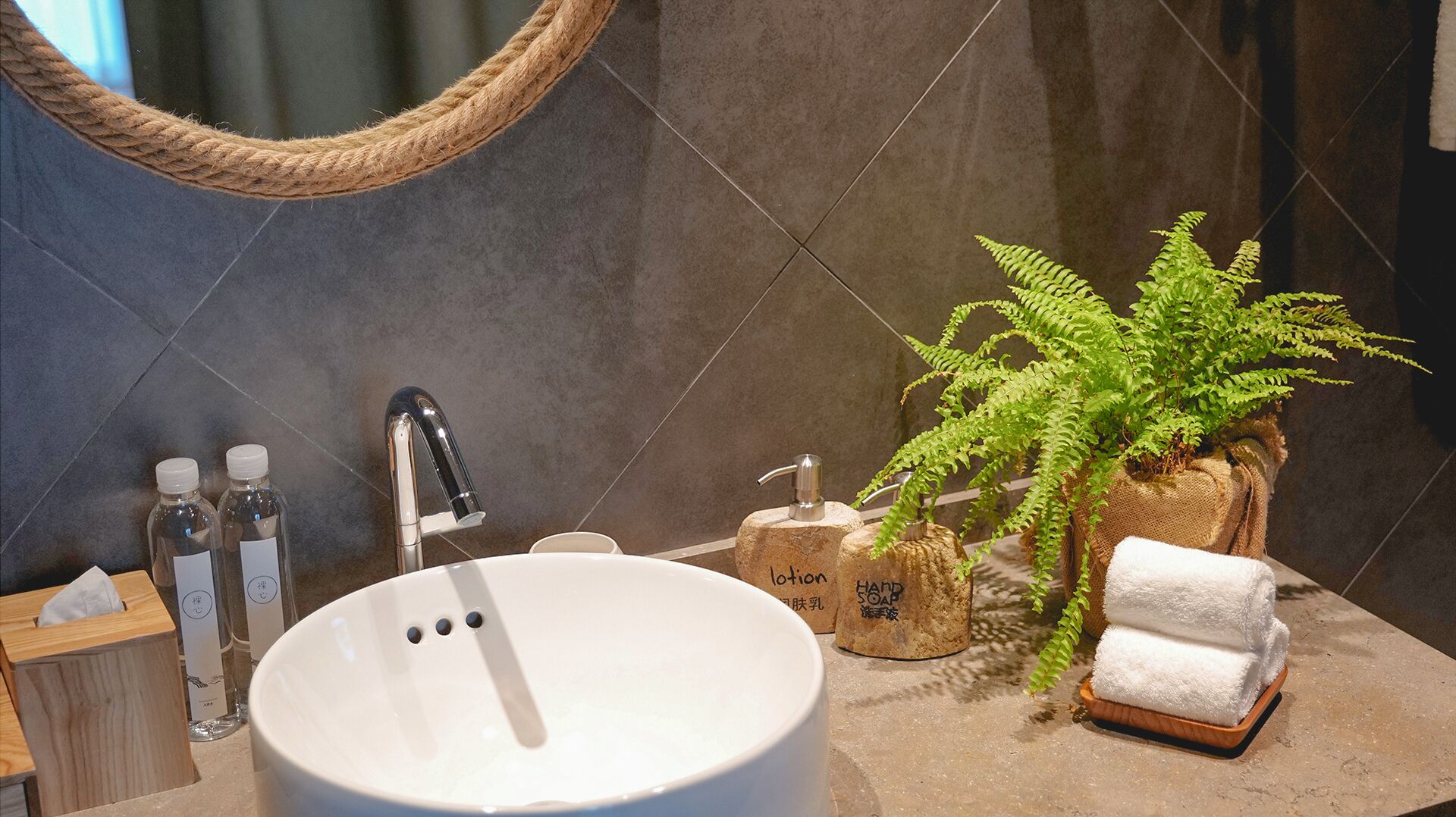 Un baño con un lavabo redondo, un espejo y un helecho en maceta. Hay frascos de loción y jabón en la encimera.