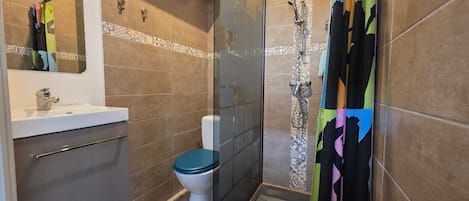 Shower, hair dryer, towels, soap