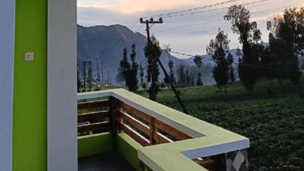 A building with a green exterior and a balcony overlooking a mountainous landscape. - Surya Bromo Homestay (Ngadisari)