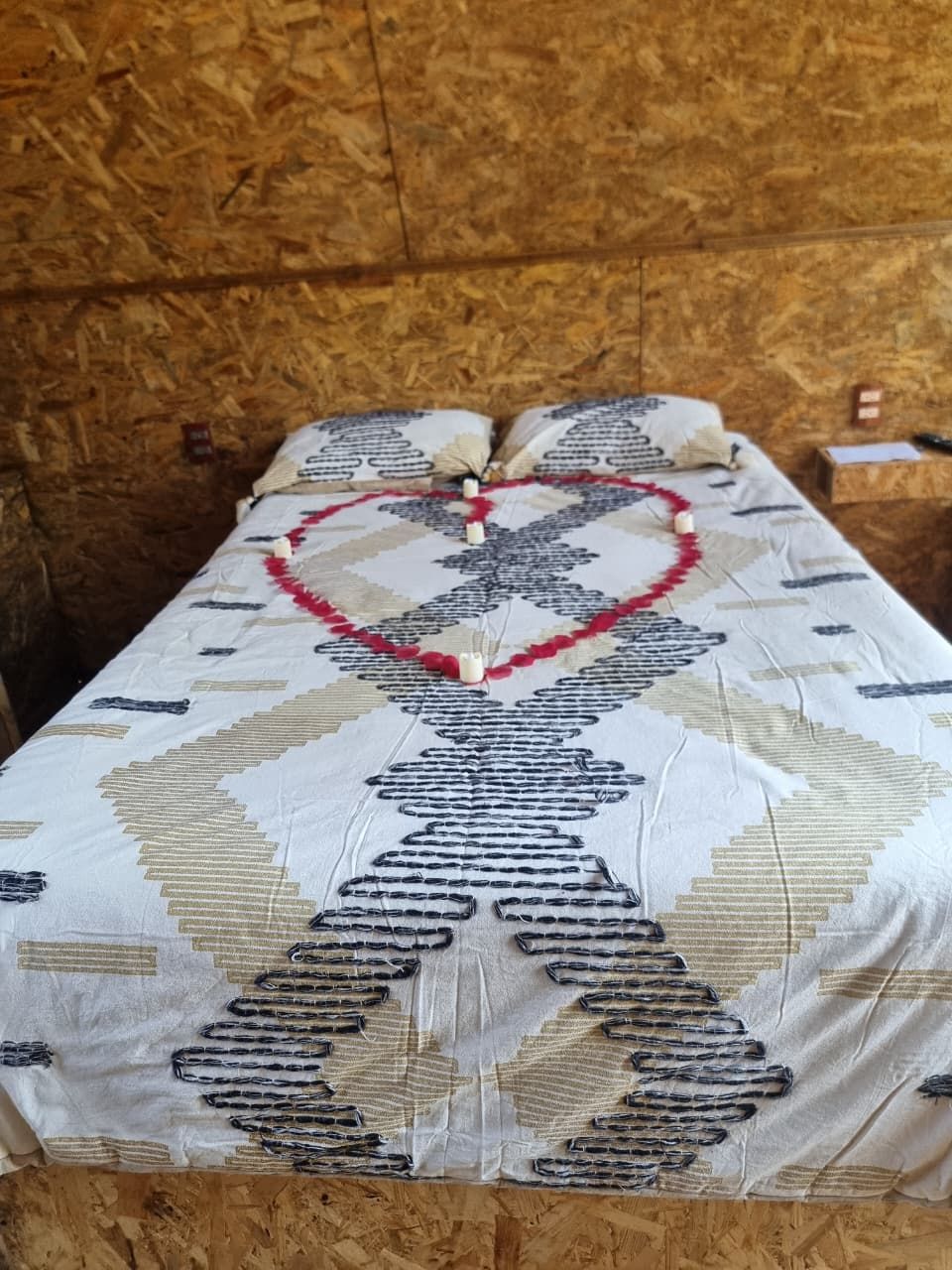 A bed with a patterned bedspread and pillows, a wooden headboard, and a bedside table with a lamp.