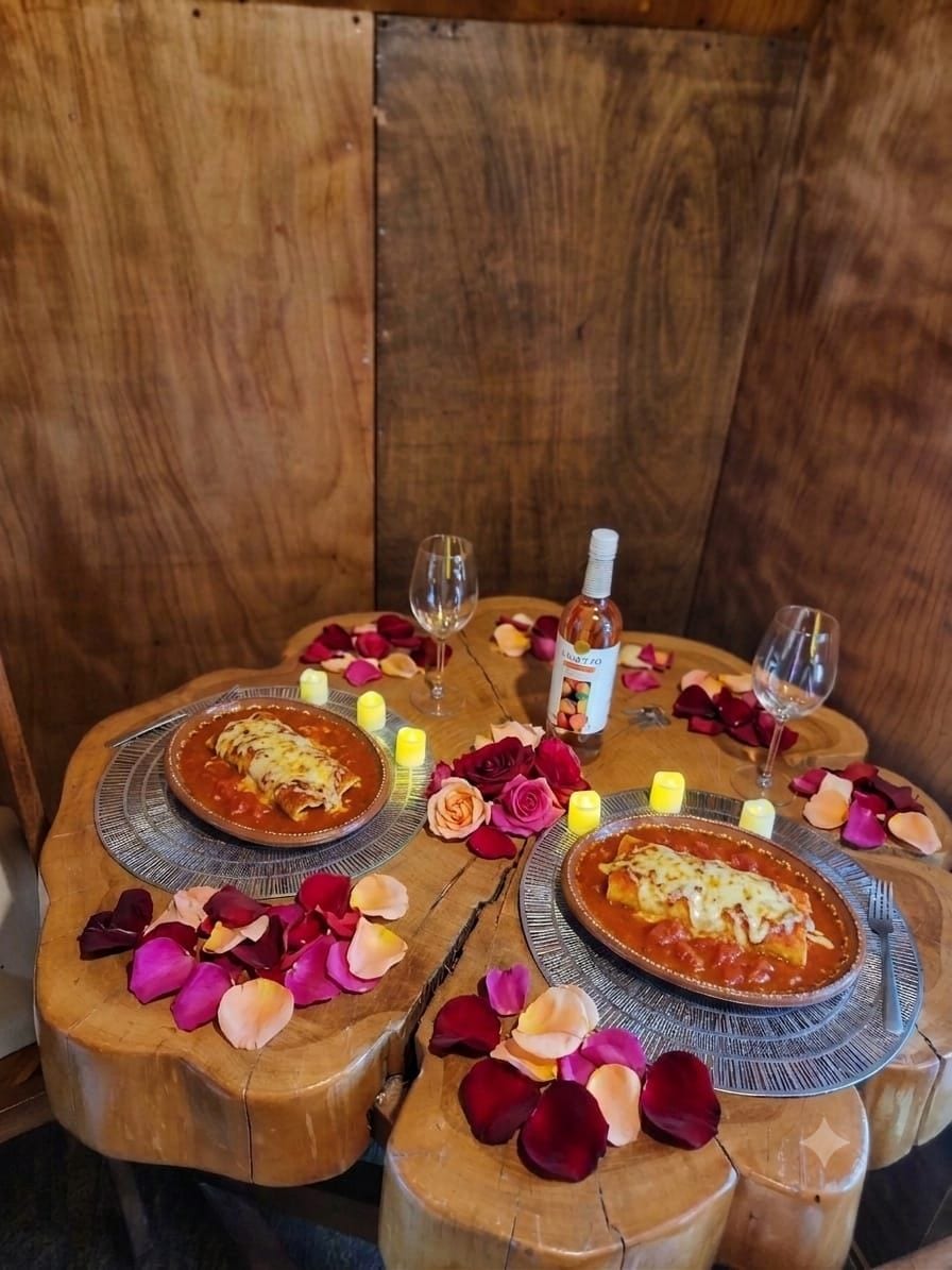 Una mesa de madera con dos platos de comida, velas y una botella de licor.
