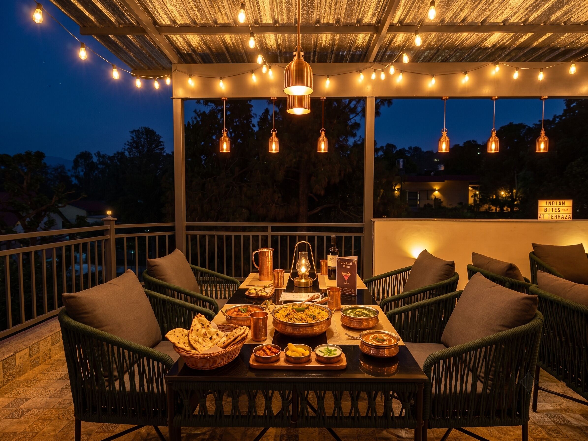 An outdoor dining area with a table set for a meal, surrounded by wicker chairs, under a canopy with string lights.